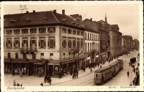Ak Karlsruhe in Baden Württemberg, Markt, Kaiserstraße, Straßenbahn
