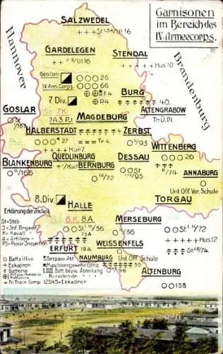 Landkarten Ak Magdeburg an der Elbe, Garnisonen im Bereich des IV. Armeecorps