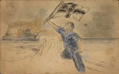 Handgemalt Ak Mann mit Fahne, Patriotik, Kriegsschiffe