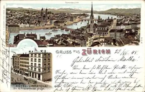 Litho Zürich Stadt Schweiz, Gesamtansicht, Hotel Limmatquai