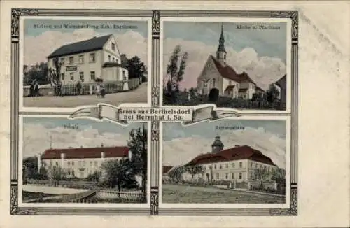 Ak Berthelsdorf Herrnhut in Sachsen, Kirche, Pfarrhaus, Schule, Bäckerei