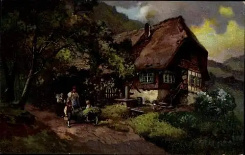 Ak Dorfidyll, Wohnhaus, Frau mit Kindern