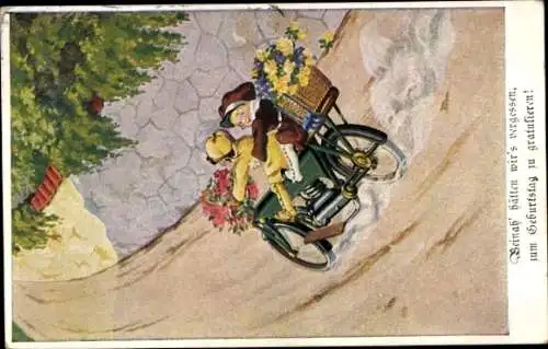 Ak Glückwunsch Geburtstag, Zwei Kinder auf einem Motorrad mit Blumenkorb