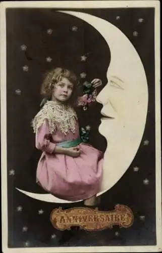 Ak Glückwunsch, Mädchen in pinkem Kleid, Mond