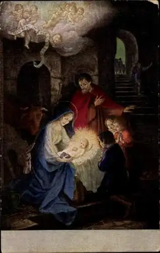 Künstler Ak Weihnachten, Heilige Familie, Jesuskind, Engel