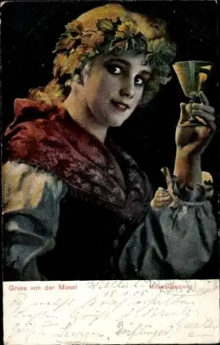 Ak Mosel, Moselblümchen, Frau mit Weinglas, Porträt