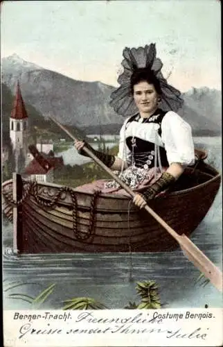 Ak Thun Kanton Bern Schweiz, Berner Tracht, junge Frau in Tracht in einem Boot auf einem See m...