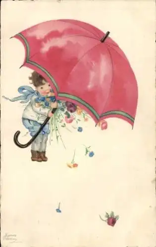 Künstler Ak Junge mit Regenschirm, Blumen
