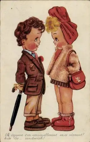 Künstler Ak Paar, Liebespaar, Gespräch, Handtasche