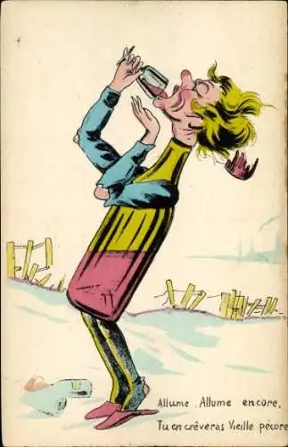 Ak Bretrunkener trinkt Wein