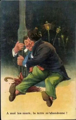 Ak betrunkener Mann klammert sich an Laterne im Hintergrund Laternen...