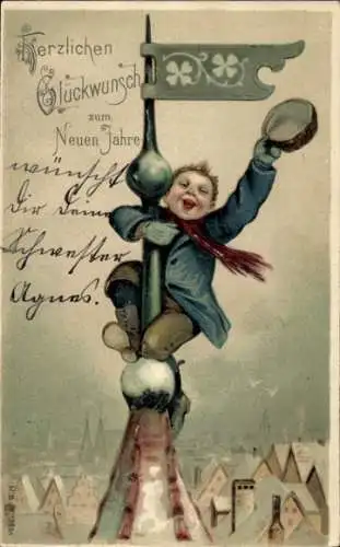 Präge Litho Fröhliches Neujahr, Kind winkt von einer Turmspitze