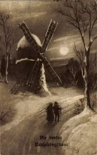 Ak Fröhliches Neujahr, Winterlandschaft, Windmühle