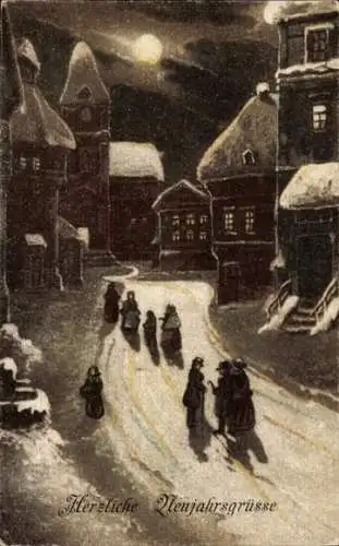 Ak Fröhliches Neujahr, Straße in einer verschneiten Stadt, Mond