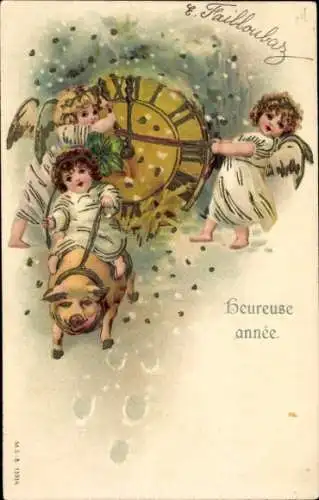Glitzer Präge Ak Glückwunsch Neujahr, Engel, Schwein, Klee, Uhr