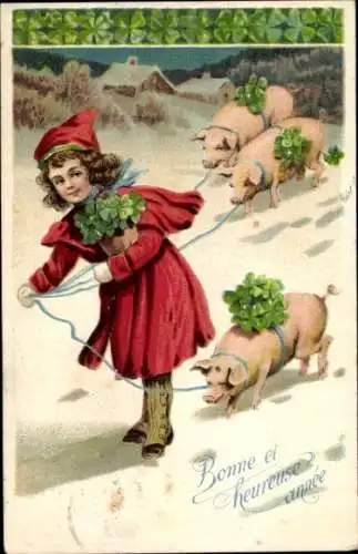 Präge Ak Glückwunsch Neujahr, Mädchen mit Klee, Schweine