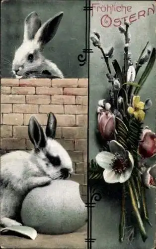 Ak Frohe Ostern, Hasen, Eierschale, Blumenstrauß