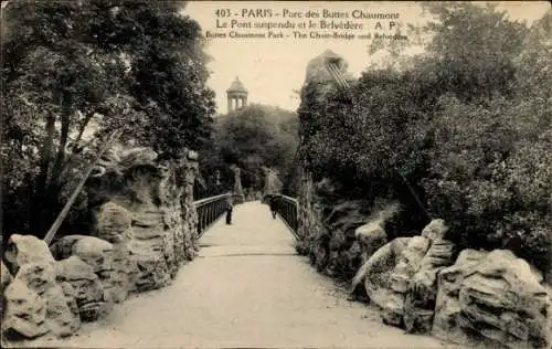 CPA Paris XIX., Parc des Buttes-Chaumont, Pont suspendu, Belvedere