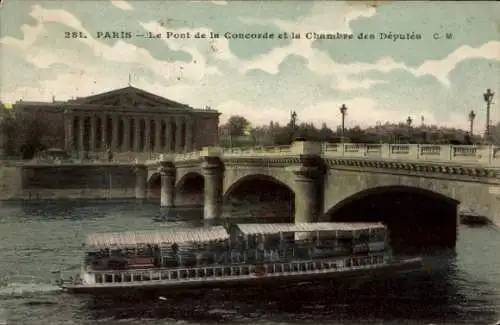 Ak Paris, Pont de la Concorde, Schiff auf der Seine, Abgeordnetenkammer