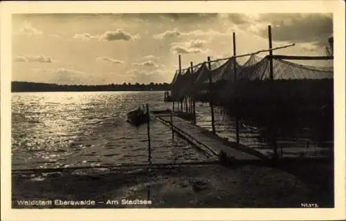 Ak Eberswalde im Kreis Barnim, Partie am Stadtsee, Steg, Boot