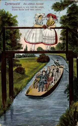 Ak Spreewald, Spreewälderin in Tracht, Zur schönen Aussicht, Kahn