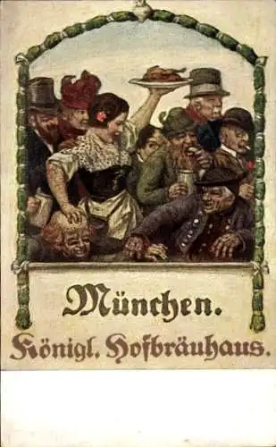 Ak München Bayern, Königliches Hofbräuhaus, Kellnerin, Männer in Trachten