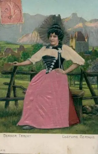 Präge Stoff Ak Kanton Bern, Frau in Berner Tracht