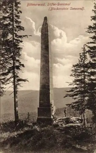 Ak Nová Pec Neuofen Südböhmen, Plešné jezero, Plöckenstein,  Adalbert-Stifter-Denkmal