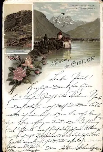 Litho Chillon Montreux Kanton Waadt, Schloss, Panorama, Bergbahn