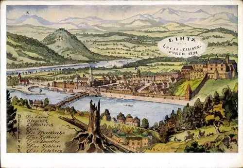 Künstler Ak Linz an der Donau Oberösterreich, Gesamtansicht um 1504 nach Lucas van Valchenborch