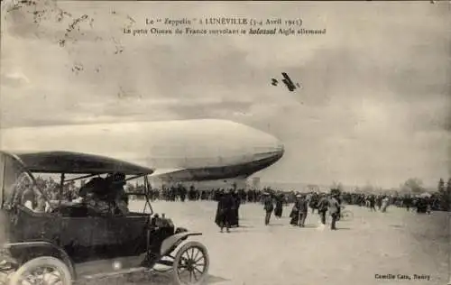 Ak Lunéville Lothringen Meurthe et Moselle, Dirigéable allemand, Zeppelin, Avion francais