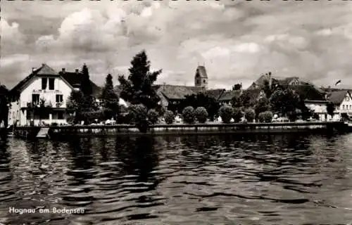 Ak Hagnau am Bodensee, Häuserfront am Bodensee, Hafenansicht, Berg im Hintergrund