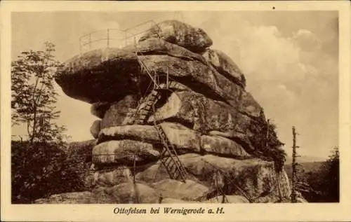 Ak Wernigerode im Harz, Ottofelsen, Felsen mit Treppe, Aussichtspunkt, Natur