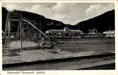 Ak Badenweiler im Schwarzwald, Badenweiler/Schwarzwald, Sportbad, Schwimmbecken, Rutschen, grü...