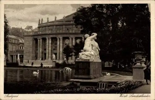 Ak Stuttgart, Schloss Solitude, Bullgart, Landestheater, Statue, Park