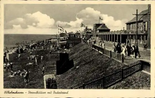 Ak Wilhelmshaven an der Nordsee,  Strandhäuser, Badestand, Strand, Menschen, Segelboote