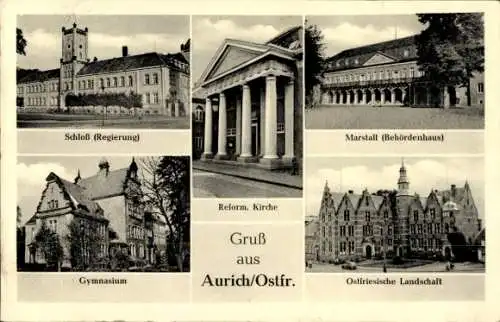 Ak Aurich in Ostfriesland, Schloss, Kirche, Marstall, Gymnasium, Ostfriesische Landschaft