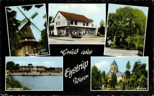 Ak Eystrup Niedersachsen, Windmühle, Schwimmbad, Zwillingslinde, Kapelle, Geschäft Heinz Richter