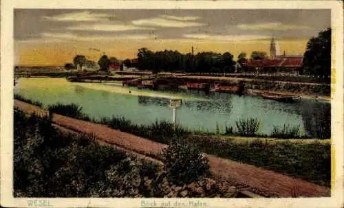 Ak Wesel am Niederrhein, Blick auf den Hafen,  ruhige Wasseroberfläche, Landschaft