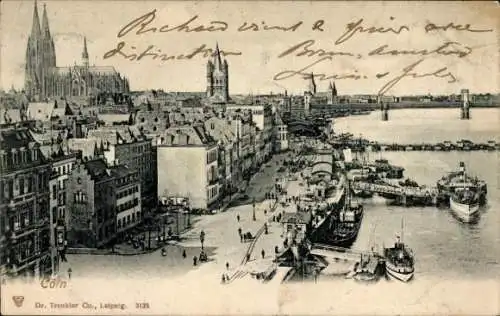 Ak Köln am Rhein, Stadtansicht mit Fluss, Gebäuden, Schiffen, Brücken, Kathedrale