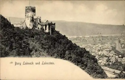 Ak Lahnstein am Rhein, Burg Lahneck,  beeindruckende Burg auf dem Hügel, Landschaft