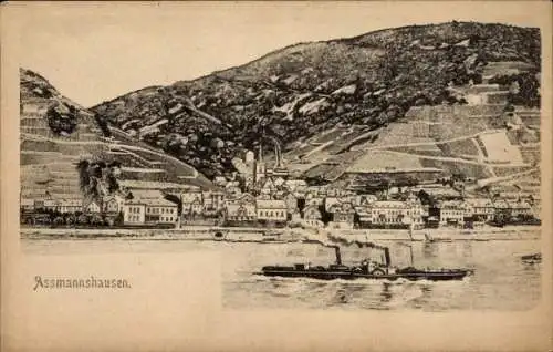 Ak Assmannshausen Rüdesheim am Rhein, Schwarz-Weiß-Illustration von  Weinberge, Dampfschiff