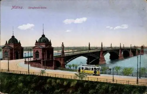 Ak Mainz am Rhein, Straßenbrücke, Straßenbahn