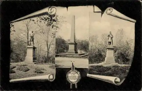 Ak Plauen im Vogtland, Denkmal, Albertplatz, Statuen, Obelisk, Parklandschaft