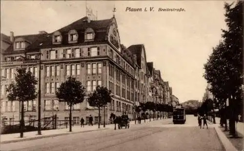 Ak Plauen im Vogtland, Historische Architektur, Breitestraße, Straßenbahn, Plauen