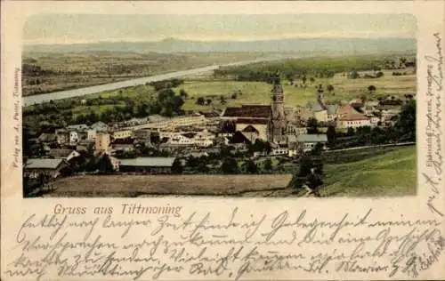 Ak Tittmoning in Oberbayern, Panoramablick auf  Kirche, Häuser, Flussansicht