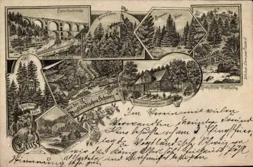 Litho Jocketa Pöhl im Vogtland, Elstertalbrücke, Ruine Liebau, Loreleyfelsen, Restaurant Huthaus