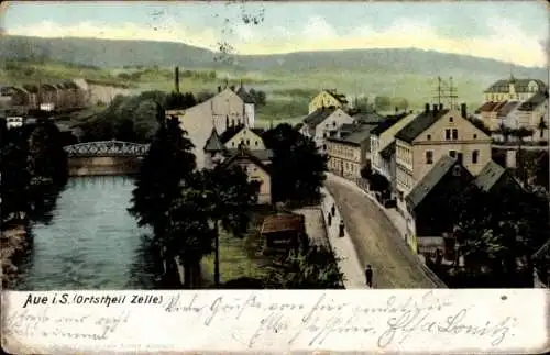 Ak Zelle Aue im Erzgebirge, Stadtansicht, Fluss, Brücke, Häuser, Bäume, Menschen