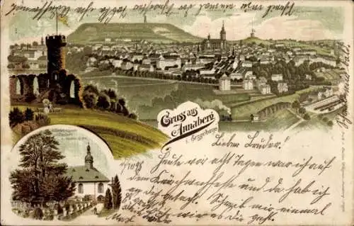 Litho Annaberg Buchholz Erzgebirge, Panorama, Kirche