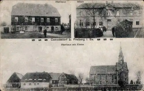 Ak Conradsdorf Halsbrücke in Sachsen, Pfarrhaus, Schule, Kirche, historische Gebäude